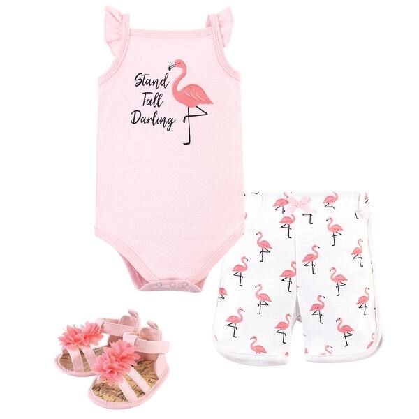 slide 1 of 1, Little Treasure Baby Girl Cotton Bodysuit, Pant and Shoe 3pc Set, Flamingo 0-3 Months - Flamingo