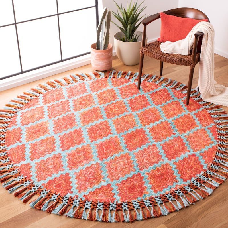 SAFAVIEH Handmade Sahara Keanna Silk Tassel Rug - 6' Round - Rust/Aqua