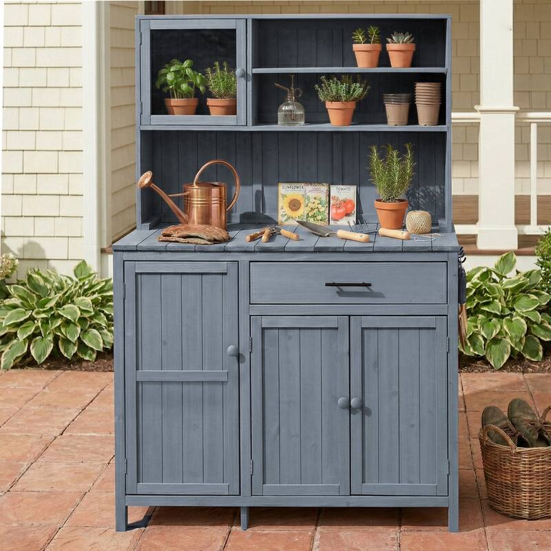 Roomfitters 65" Garden Potting Bench with Storage Hutch, Outdoor Potting Table & Prep Station, Drawer, Cabinet, Shelves