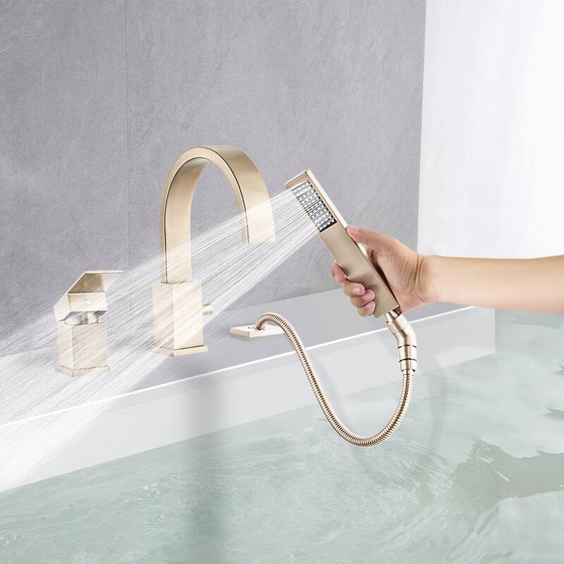 Waterfall Bathtub Faucet with Sprayer, 3-Hole Roman Tub Filler with Hand Shower Deck Mount Waterfall Tub Spout Set