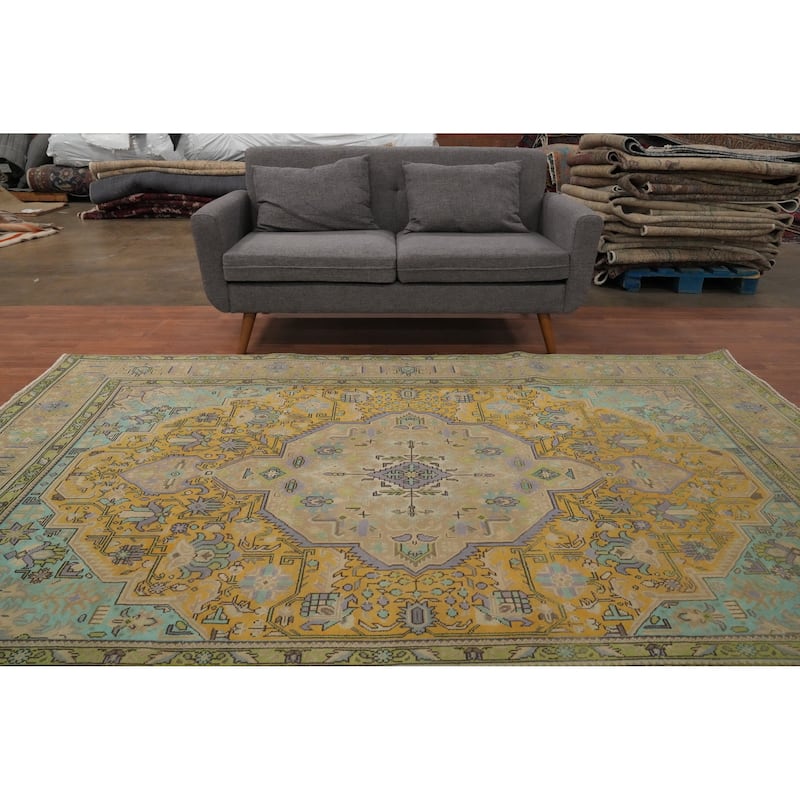 Hand Knotted Oriental 100% Wool Carpet Traditional Floral Yellow & Gold Tabriz Area Rug - 9' 6'' X 6' 7''