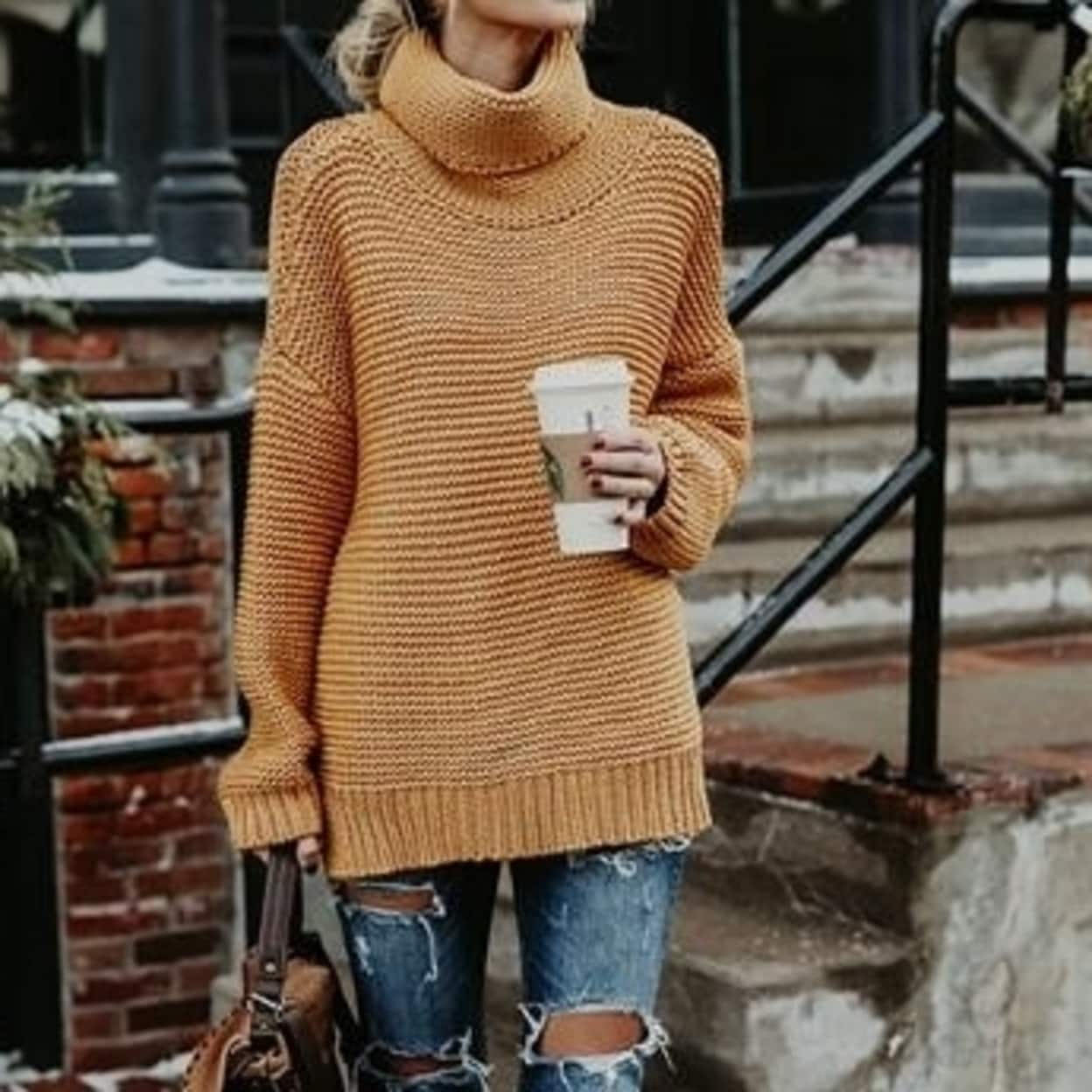 AROGONE Womens Turtleneck Sweater Long Sleeve Color Block Loose Oversized Knit Pullover Tops