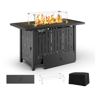 43 in. Iron Outdoor Fire Pitwith Glass Cover, Lid and Glass Stone