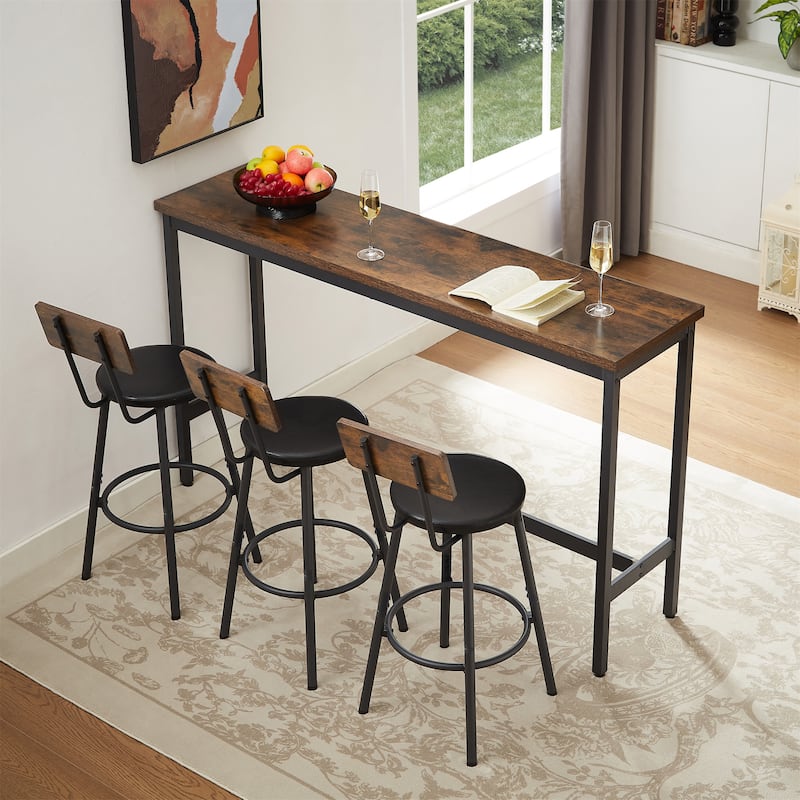 Long Bar Table Set with 3 PU Upholstered Bar Stools - Rustic Brown