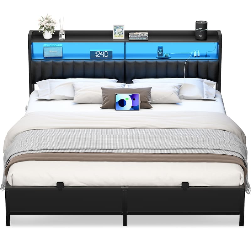 Platform Bed Frame with Upholstered Storage Headboard, Full/ Queen/ King Beds with Charge Station and LED Lights