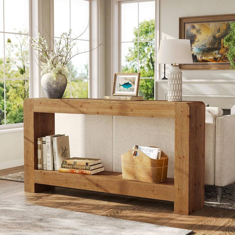 Solid Wood Console Table with Storage, 63-Inch Farmhouse Entryway Table - 62.99" L x 11.81" W x 33.46" H