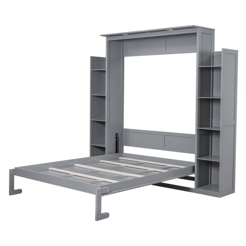 Wooden Wall Murphy Bed with Side Bookshelf & LED Lights