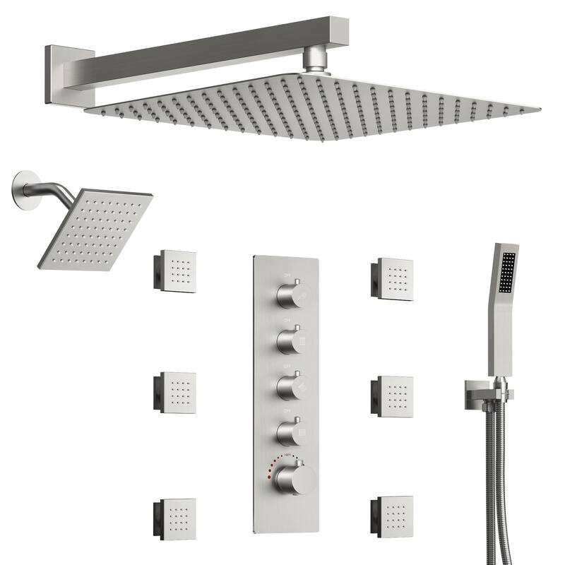 Dual Heads 16" Rainfall & High Pressure 6" Thermostatic Shower System with Body Jets