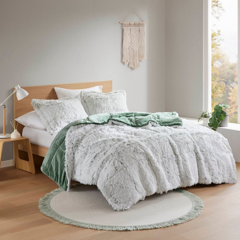 2 PCS Twin/Twin XL Shaggy Faux Fur Comforter Mini Set Green/White - White+Green