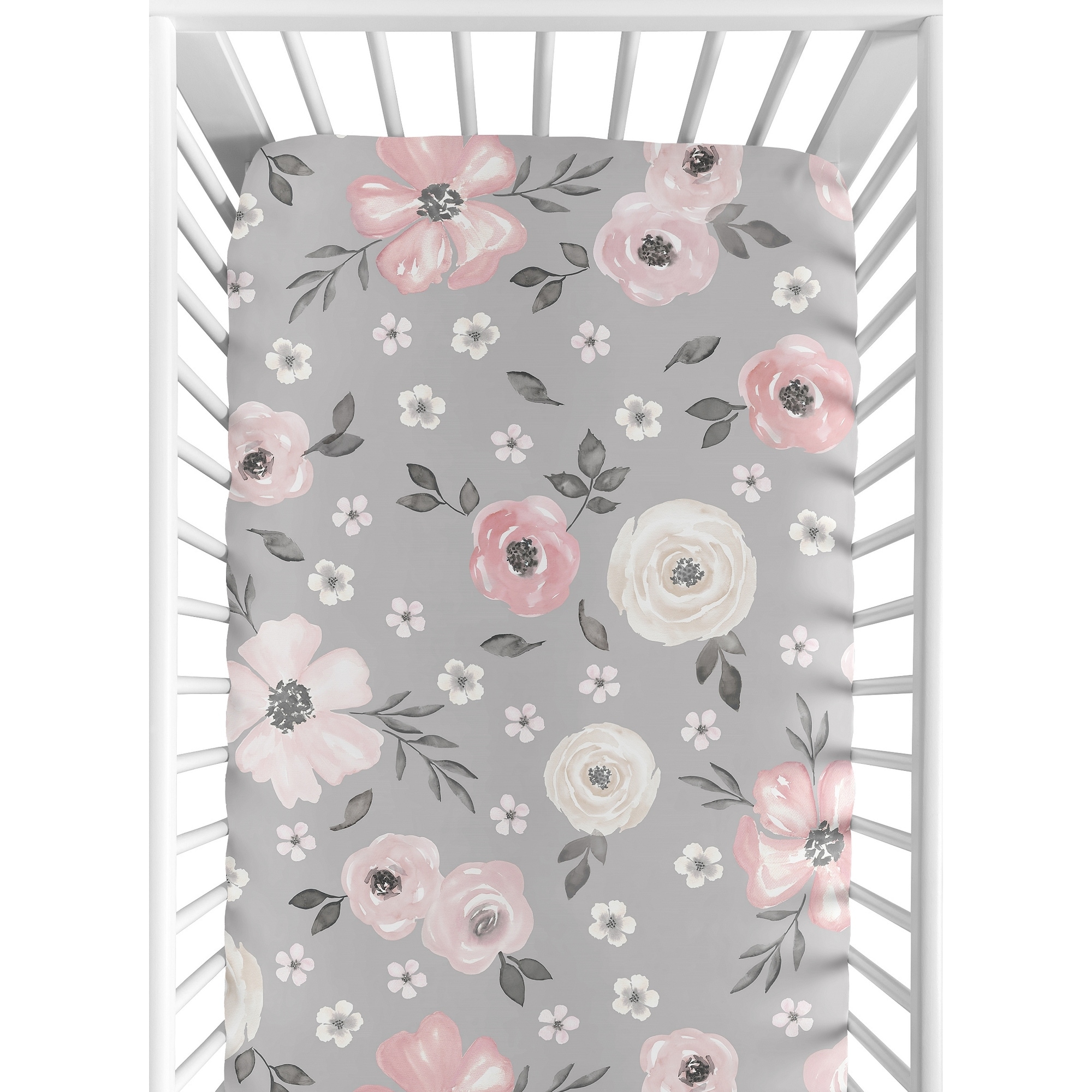 Grey Watercolor Floral Collection Girl Fitted Crib Sheet - Blush Pink Gray and White Shabby Chic Rose Flower Farmhouse