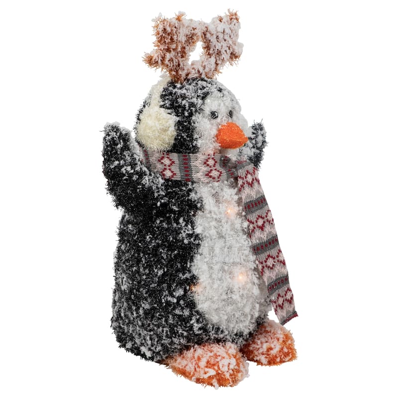 Lighted Snowy Penguin in Antler Hat Outdoor Christmas Decoration - 22" - Warm White - Black