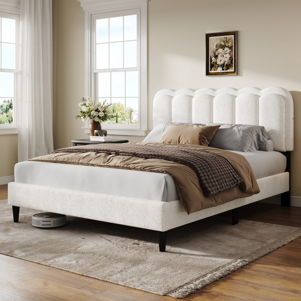 Christopher Knight Home - Olaf Cream Lambswool Petal Headboard Bed Frame with Ambient Light