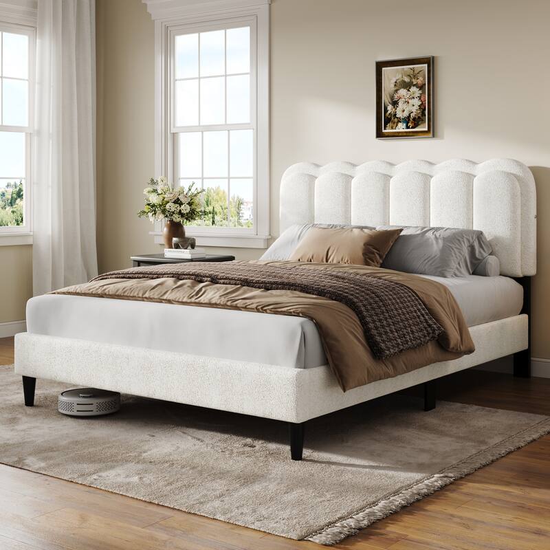 Christopher Knight Home - Olaf Cream Lambswool Petal Headboard Bed Frame with Ambient Light - White - Queen