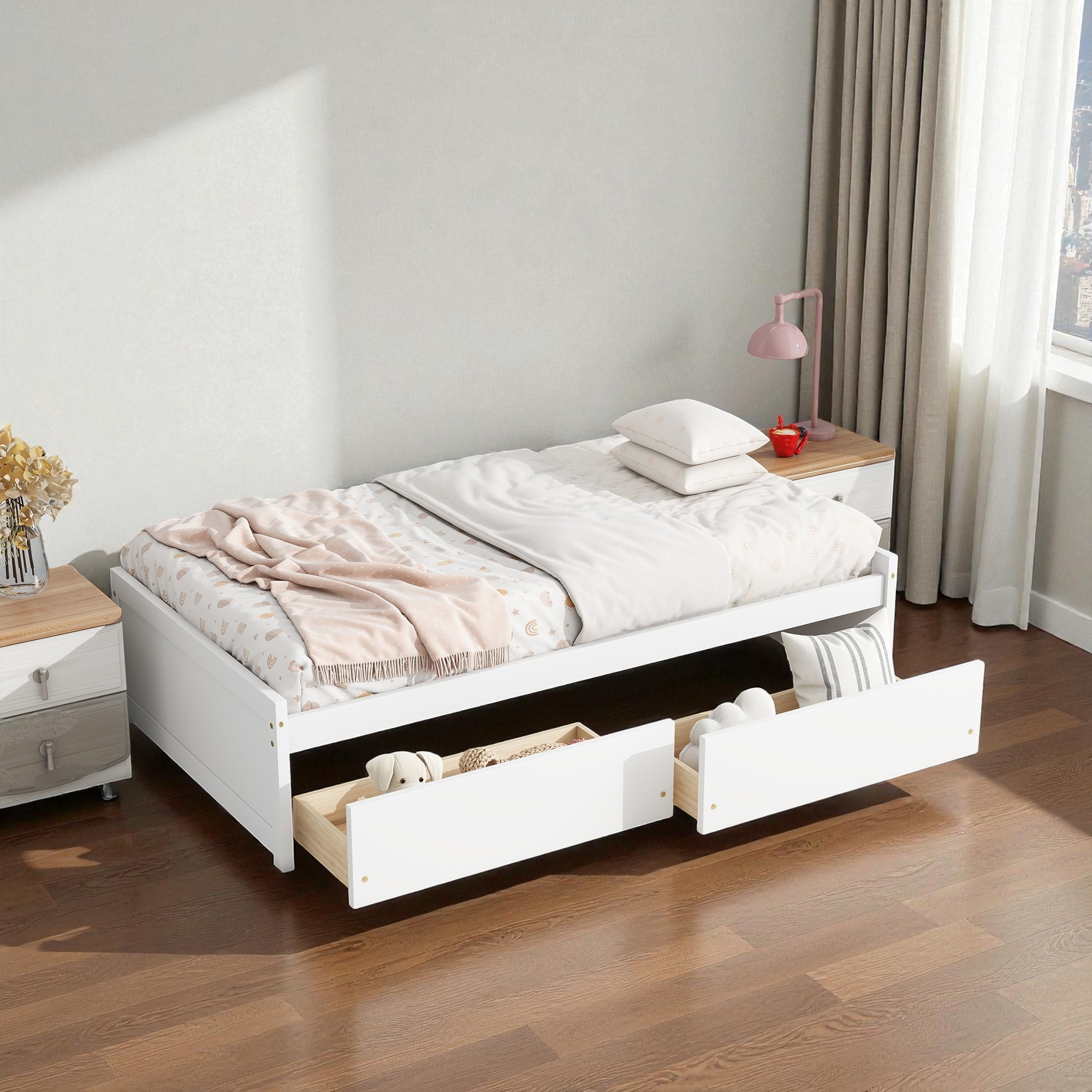 Twin Size Bed with 2 Storage Drawers, Solid Rubber Wood Platform Frame, Slat Support, Space Saving Bedroom Furniture