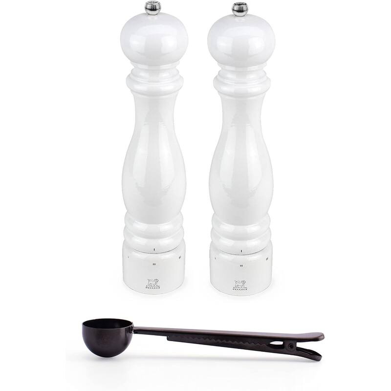 Peugeot Paris u'Select White Lacquer Salt & Pepper Mill, Gift Set - With Stainless Steel Spice Scoop/Bag Clip (12 Inch) - White - 3 Piece