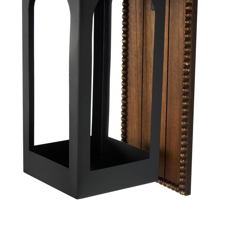 Black Metal Suspended Arched Cutout Wall Sconce with Brown Wood Backing and Beaded Edge