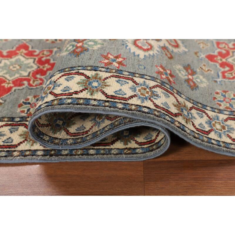 Gray Geometric Kazak Oriental Runner Rug Hand-Knotted Wool Carpet - 2'2" x 6'0"