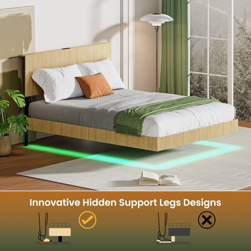 Floating Platform Bed with Charging Station and LED Lights, Wavy Headboard, Heavy-Duty Metal Slats, No Box Spring Required
