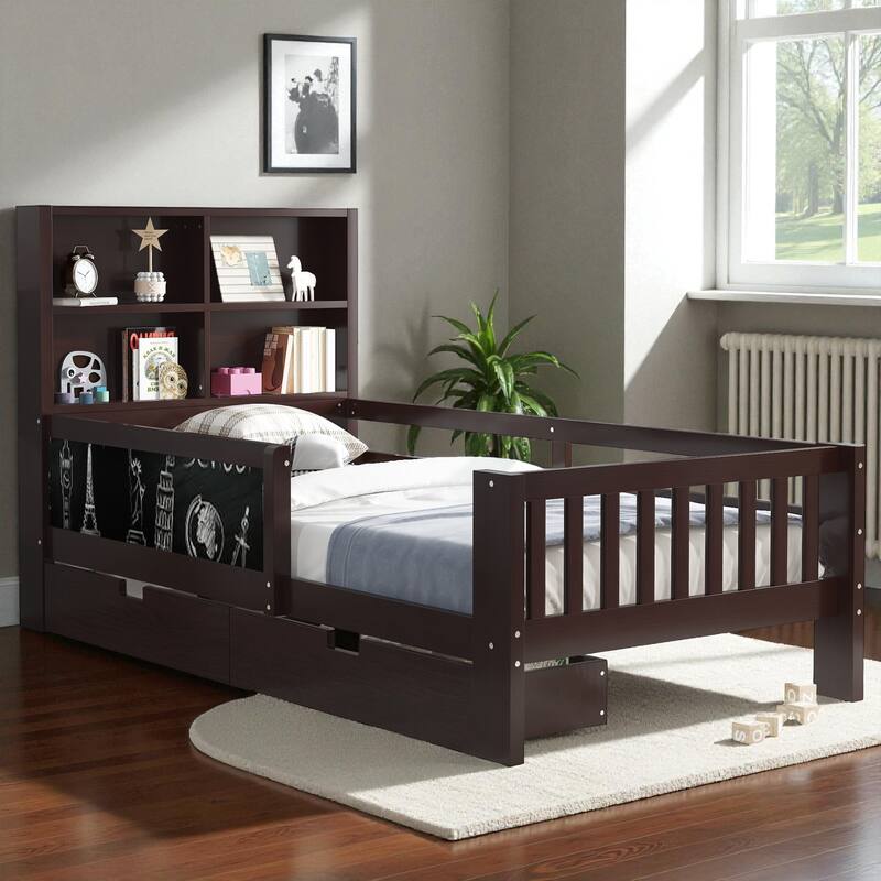 Twin/Full Solid Wood Platform Bed with Chalkboard Headboard, Storage Drawers and Shelves, Space-Saving Kids Bed - Espresso - Twin
