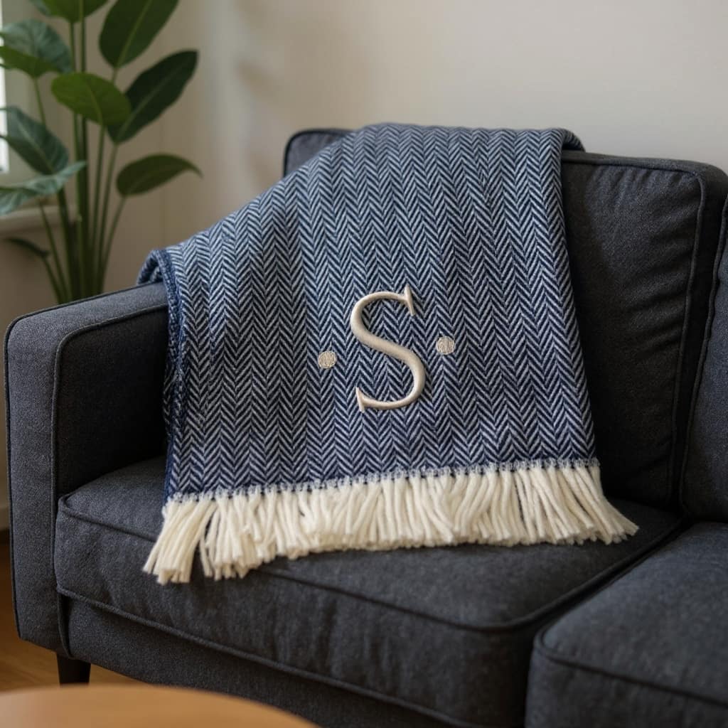 HomeRoots 55" X 70" Navy Blue And White Herringbone Cotton Blend S Initial Throw Blanket with Tassels And Embroidery