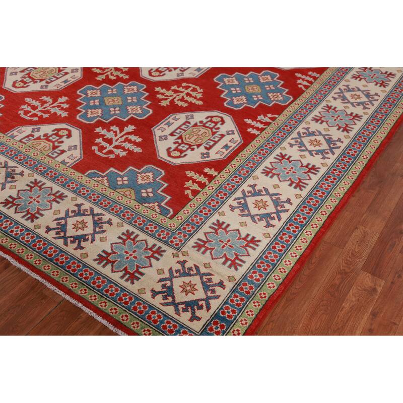 Hand Knotted Oriental 100% Wool Carpet Traditional Geometric Red Kazak Area Rug - 9' 6'' X 8' 0''