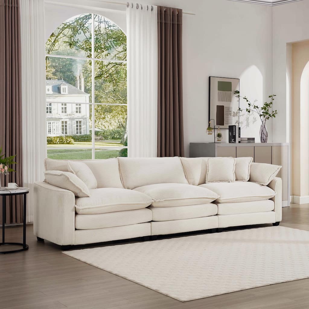 3-Seater Corduroy Fabric Sectional Sofa with Pillows and Removable Armrests for Livingroom