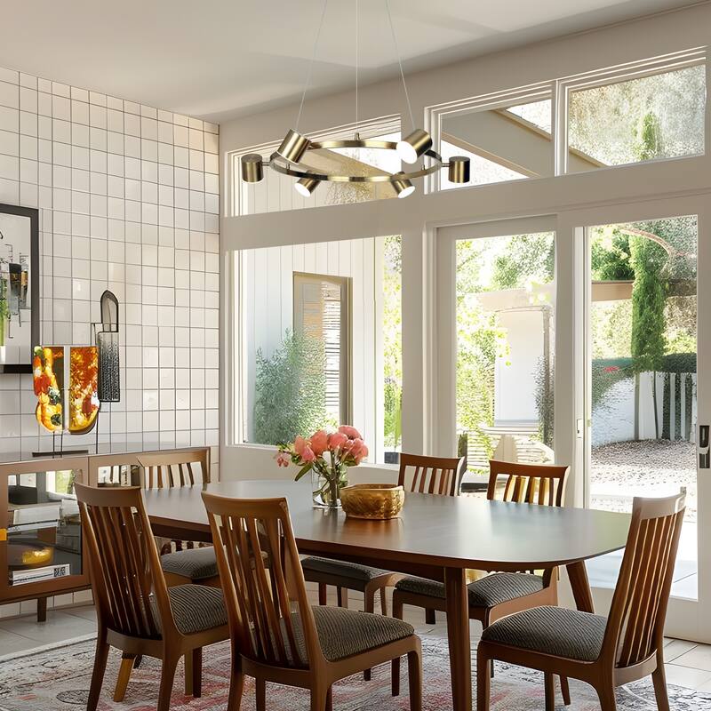 Mid-Century Modern 6-Light Gold LED Wagon Wheel Chandelier Metal Pendant Lights for Dining Room
