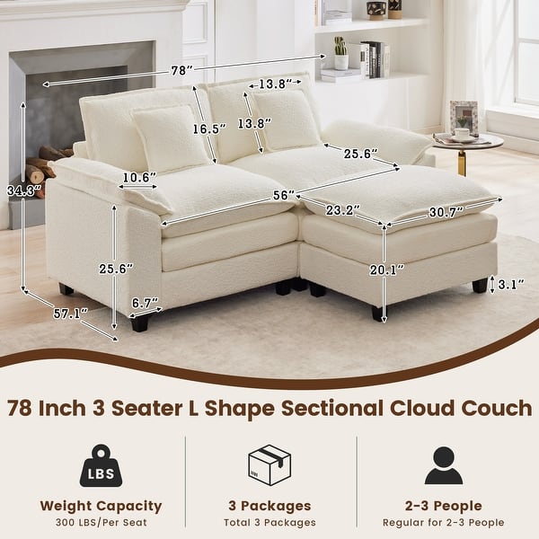 dimension image slide 5 of 17, Modular Cloud Chenille Sectional Sofa with Ottomans, Deep Seat Convertible L-Shaped or U-Shaped Couch