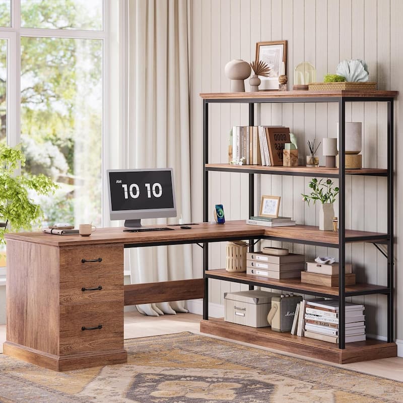L Shaped Desk Drawers Storage Shelves Executive Home Office Desk - Brown - 65"