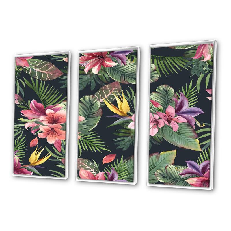 Designart "Purple Tropical Flowers With Green Leaves II" Tropical
