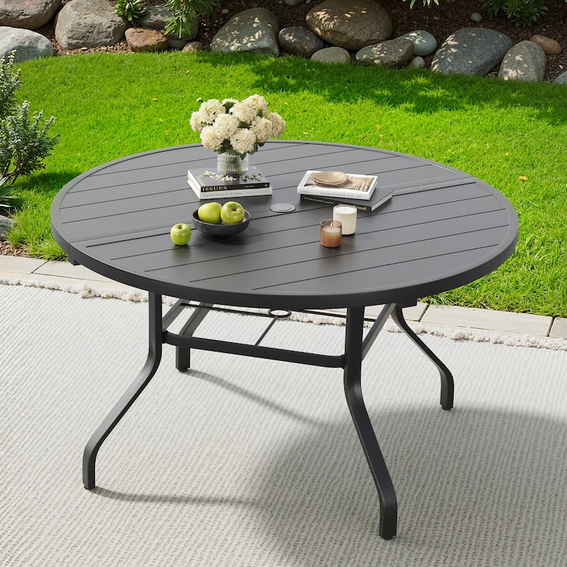 Round Outdoor Patio Dining Table, 47" Round Patio Table Wood-Like Grain with 1.57" Umbrella Hole, Metal Outdoor Dining Tables
