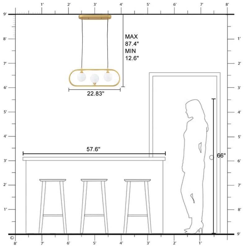 3-Light Linear Kitchen Island Pendant Frosted Milky White Glass Globes - Dia.22.83-in