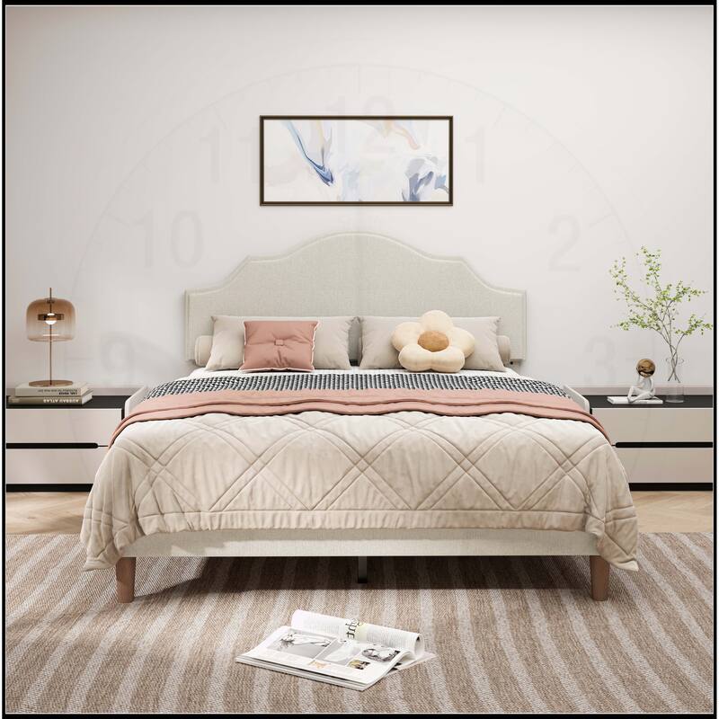 Linen Fabric Padded Platform Bed with Adjustable Headboard
