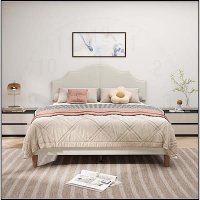 Linen Fabric Padded Platform Bed with Adjustable Headboard