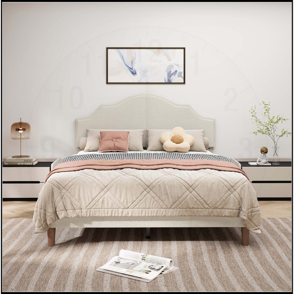 Linen Fabric Padded Platform Bed with Adjustable Headboard