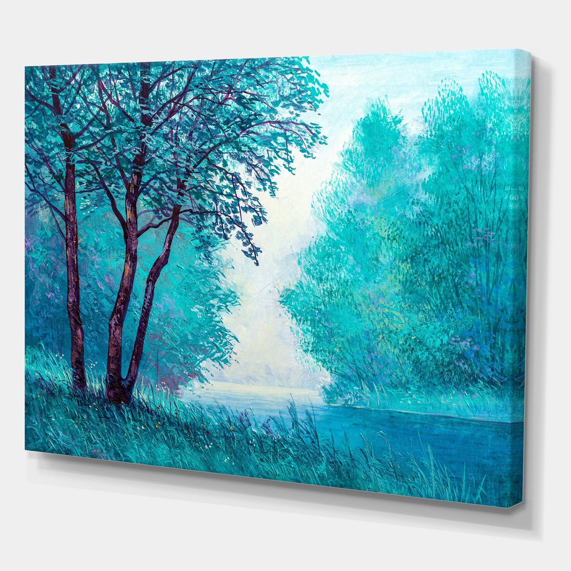 Designart "Blue Coloured Tree Impression III" Lake House Canvas Wall Art Print Bed Bath