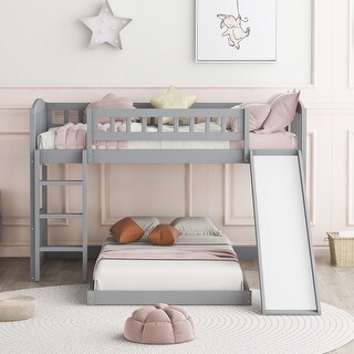 Twin Over Twin Bunk Bed Frame with Slide & Ladder, Solid Wood Low Bunkbeds w/Safety Guardrails, Noise Free, No Box Spring Needed
