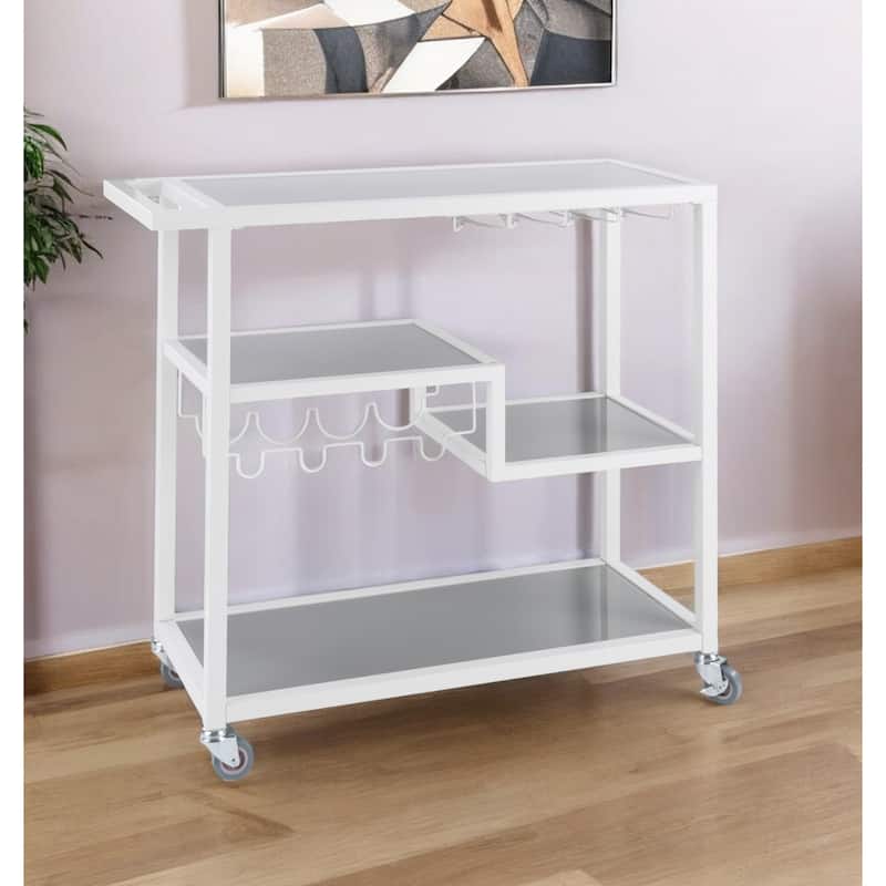 Rectangular Modern Grey-White Bar Cart with Wine Bottle Storage and 8 Glass Holders - 37.25"H x 40"W x 16"D - Grey-White