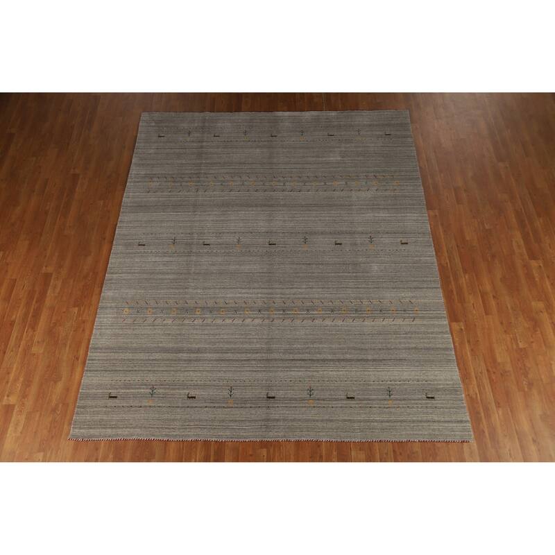 Hand Knotted Oriental 100% Wool Carpet Tribal Animal Pictorial Greys & Charcoal Gabbeh Area Rug - 9' 9'' X 7' 11''