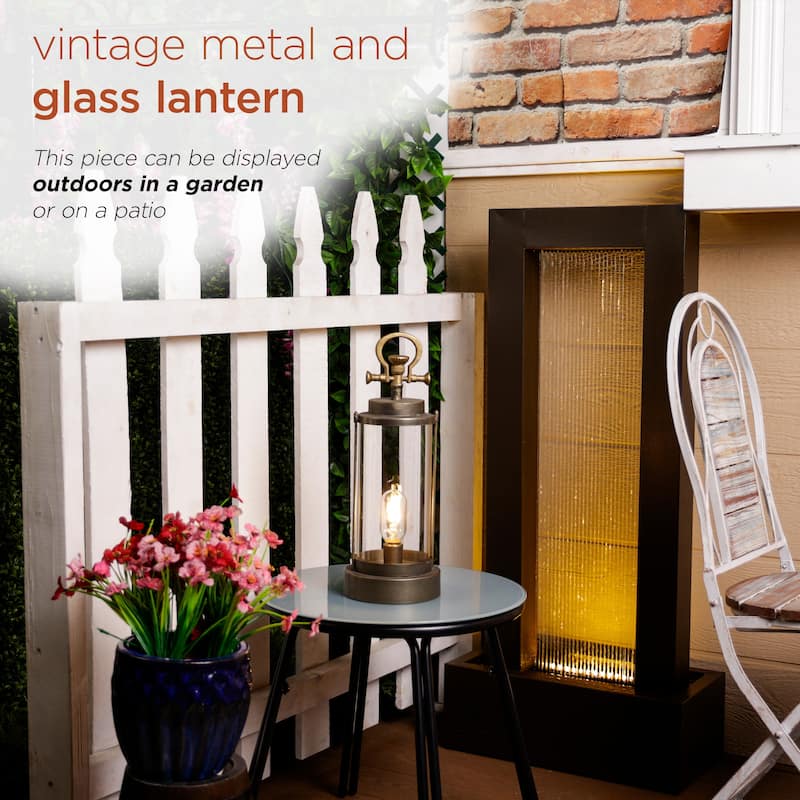 Vintage Metal and Glass Lantern with Warm White LED- Large