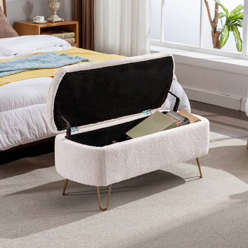 Modern Faux Fur Storage Bench with Gold Legs, Upholstered Ottoman for Living Room and Bedroom