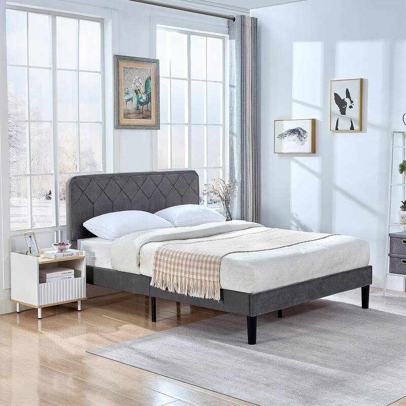 VECELO Adjustable Height Velvet Headboard Grey Bed Frame with Diamond Tufted Twin/Full/Queen Sizes Frame with Center Support Leg
