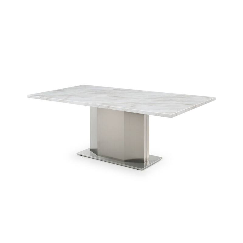 HomeRoots 79" Gray White and Silver Marble and Stainless Steel Pedestal Base Dining Table - 79.00 in. x 30.00 in. x 42.00 in.