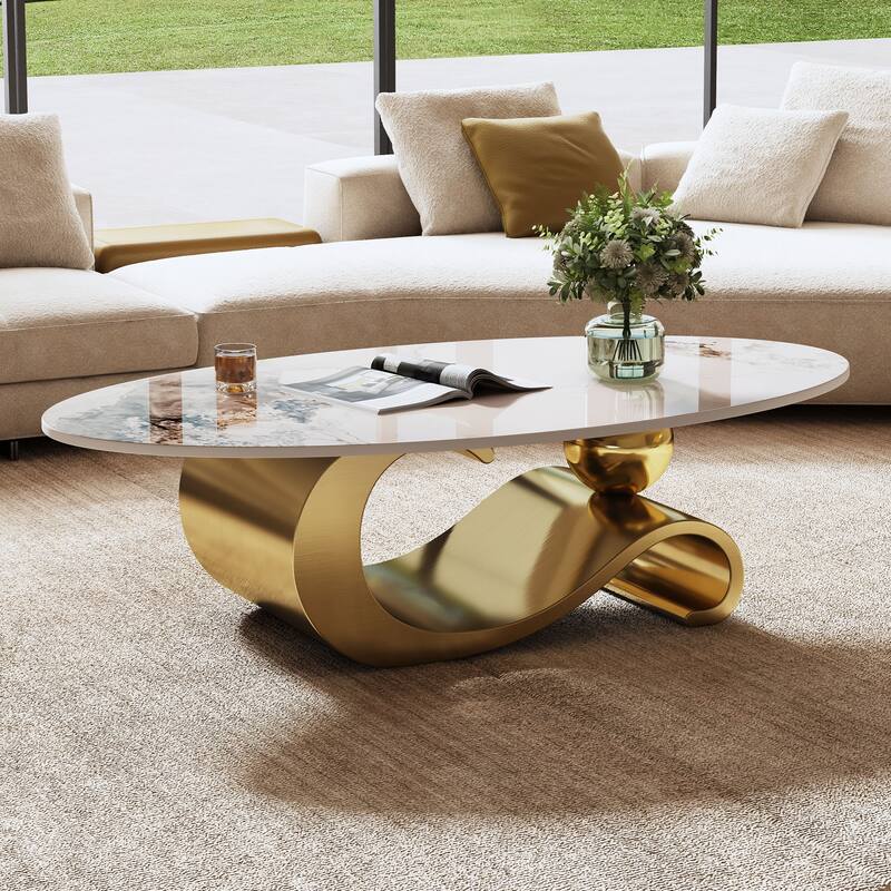GDFStudio - Contemporary 49.2" Oval Sintered Stone Coffee Table with S-Shaped Stainless Steel Base & Novel-Pattern Top