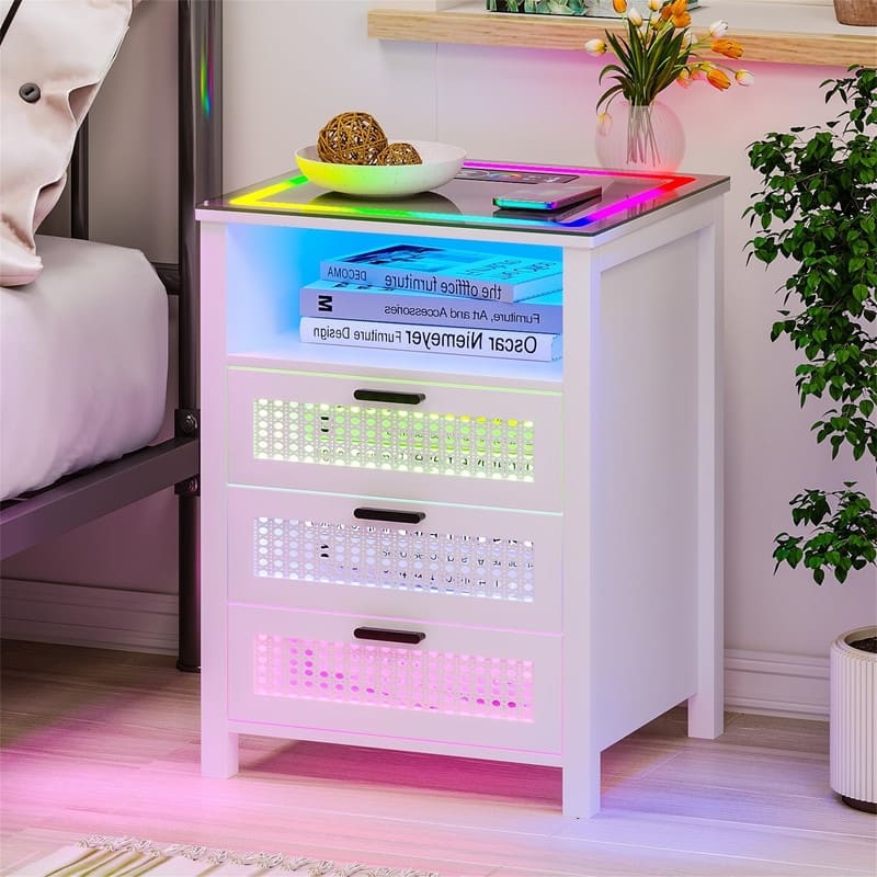 Nightstand with Lights - White - 3-drawer
