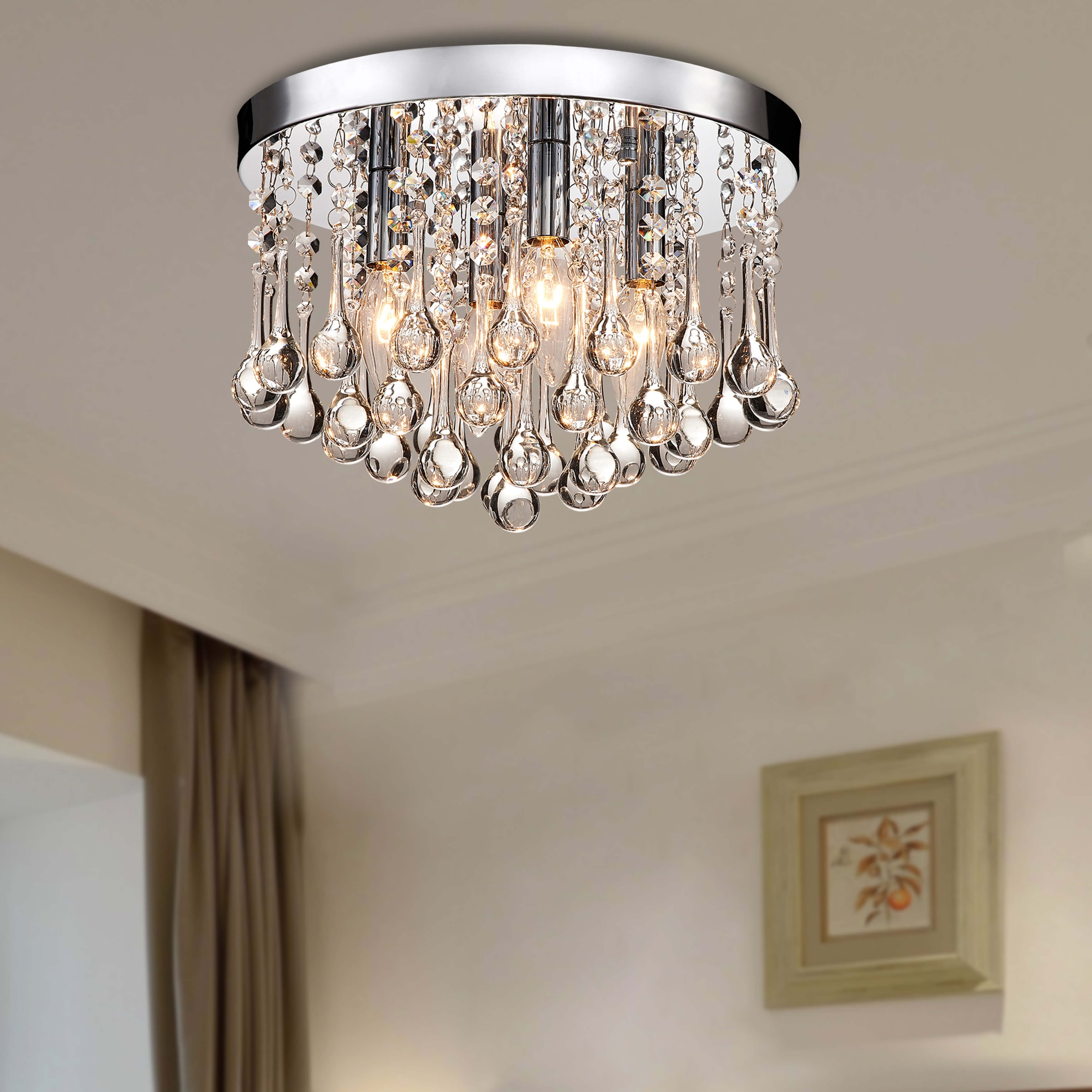 Claudia 4-Light Chrome Finish Flush Mount with Clear Crystal Drops