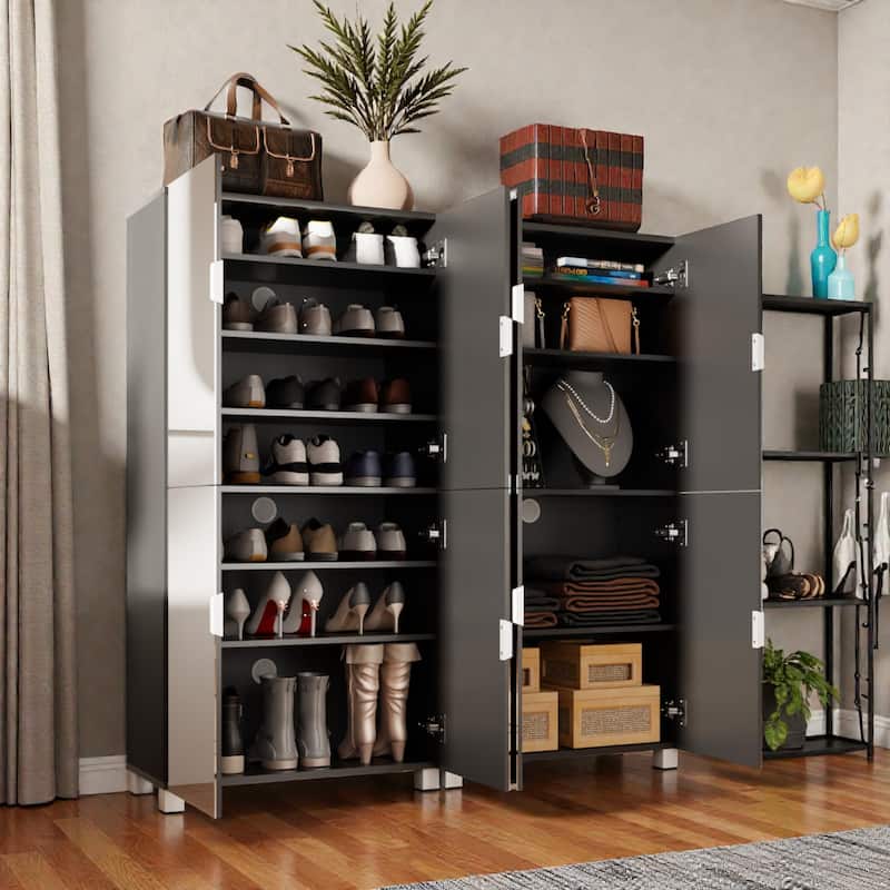 50" Mirrored Shoe Cabinet with 4 Doors, Adjustable Shelves, Ventilation Holes & Large Capacity Storage for Entryway