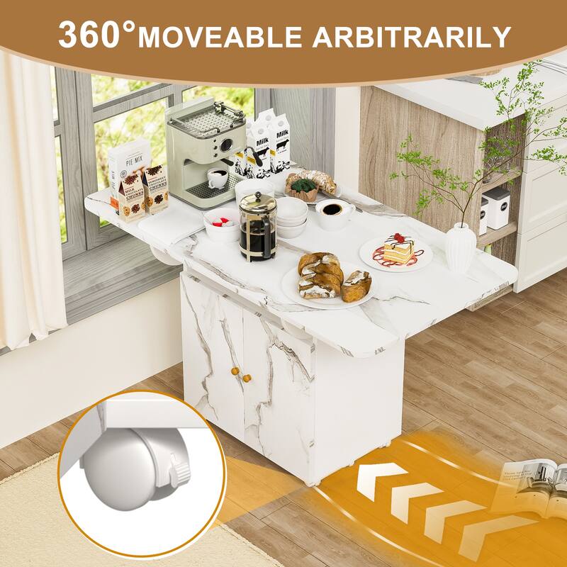 47" Wood Folding Dining Table with Storage Rack & Cabinet, Removable Kitchen Island Table with 6 Wheels, Side Table