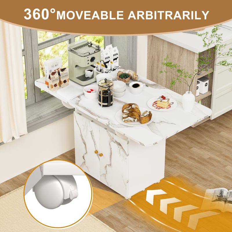 Mobile Kitchen Island with 6 Wheels 47 Inch Wooden Folding Dining Table with Storage Shelves and Cabinets Kitchen Storage Cart
