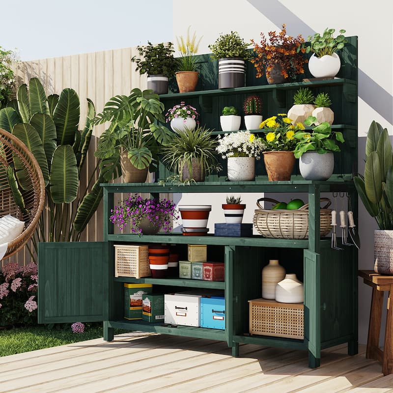 Potting Bench with Hutch, 50.2" Solid Fir Wood Garden Workstation, 2 Shelves, 2 Cabinets, 3 Side Hooks, Outdoor Planting Table